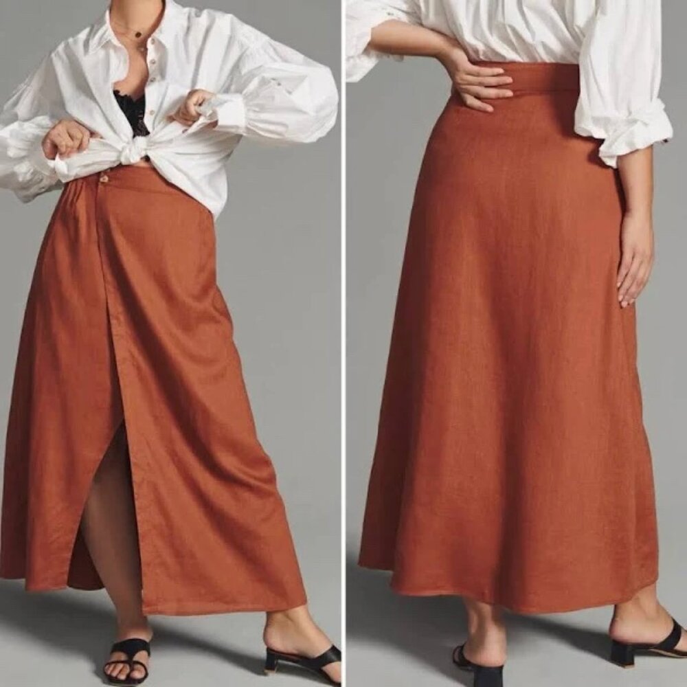 Anthropologie - Linen Maxi Wrap Skirt, Rust, US 6